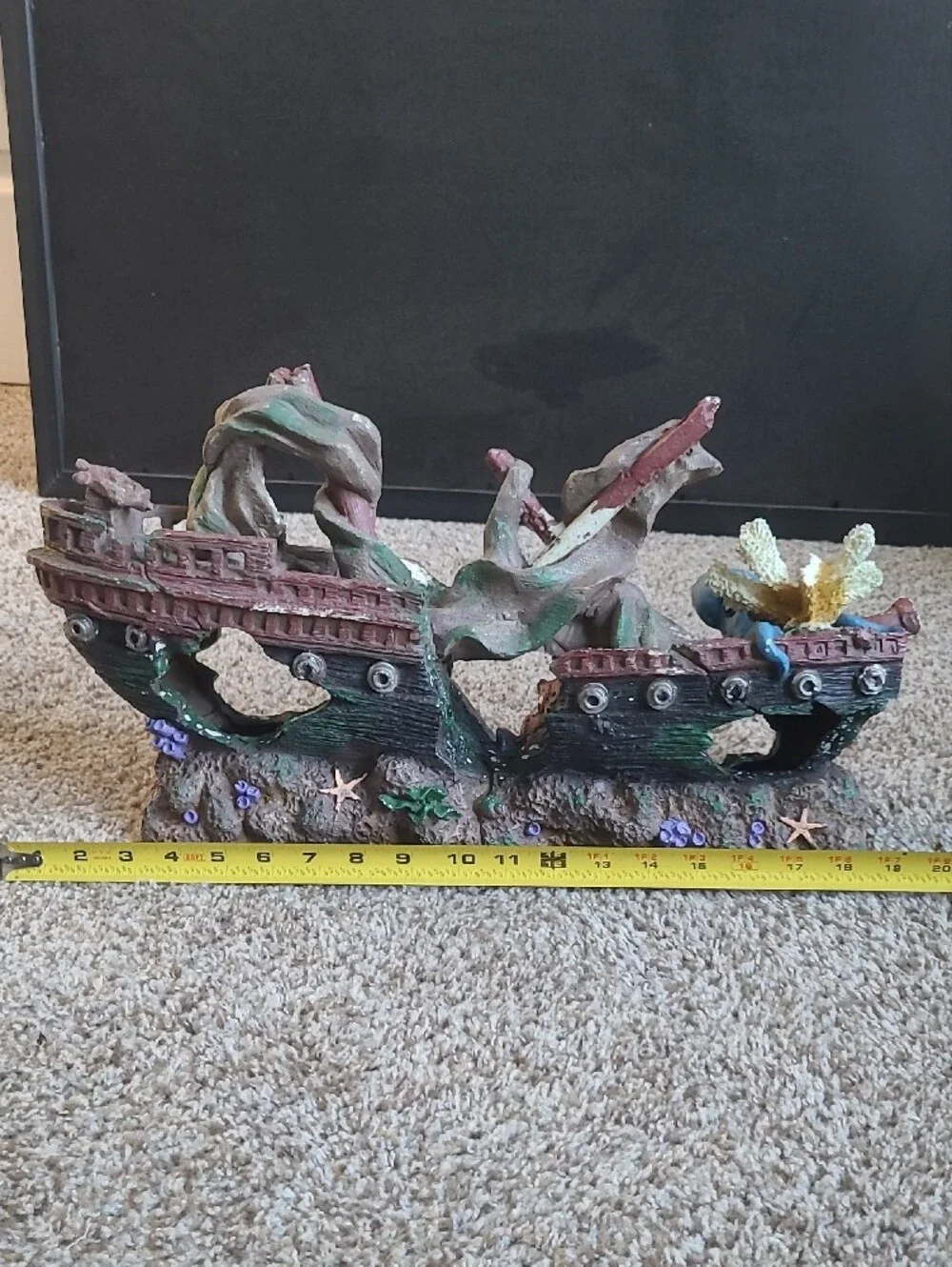 Decorative Sunken Ship Aquarium Ornament in Brown, Green and Purple